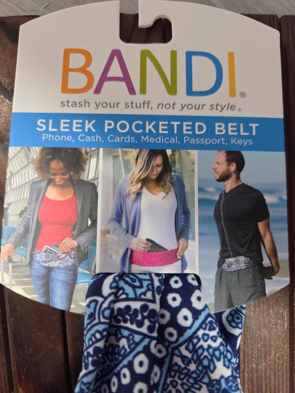 BANDI Sleek Pocketed Running Belt Waist Pack Blue Paisley Travel Fitness NWT